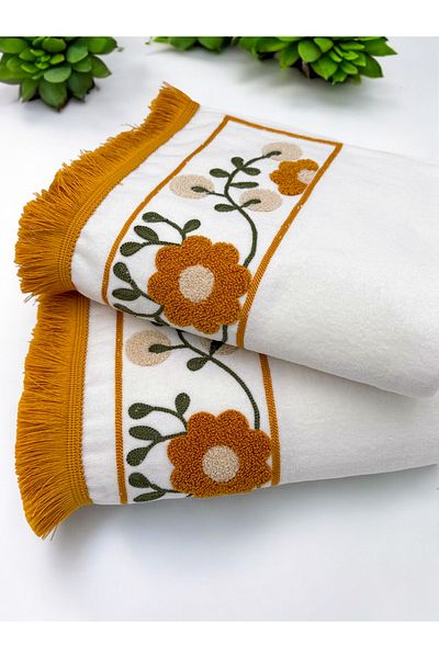 AYHANHOME Punch Embroidered Fringed 2 Pieces 50X90 Hand Face Towel Set