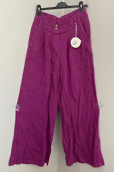 AYASOFYA OTANTIK Women's Italian Lilac Plain Pattern Button Detailed Elastic Waist Pocket Wide Leg Linen Trousers