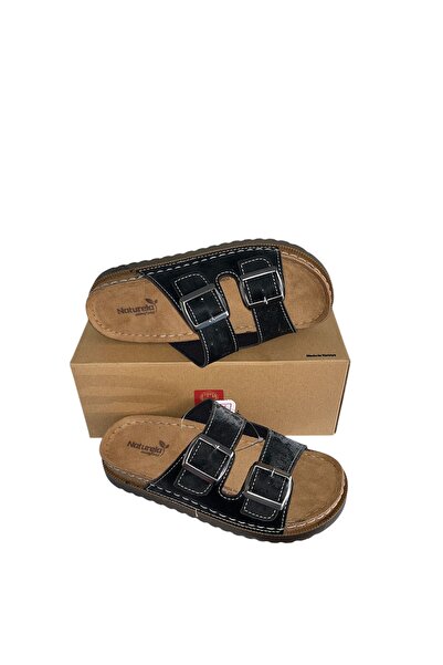 GEZER siyah çift tokalı naturela comfort terlik