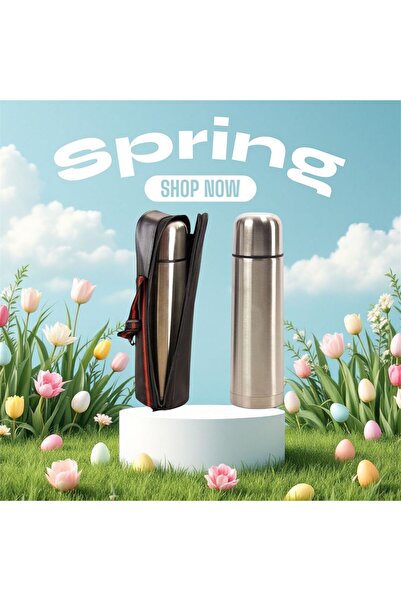 RGV KOPYA - Deri Çantalı Bardaklı 1 Litre Gri Paslanmaz Çelik Küçük Termos Ba...