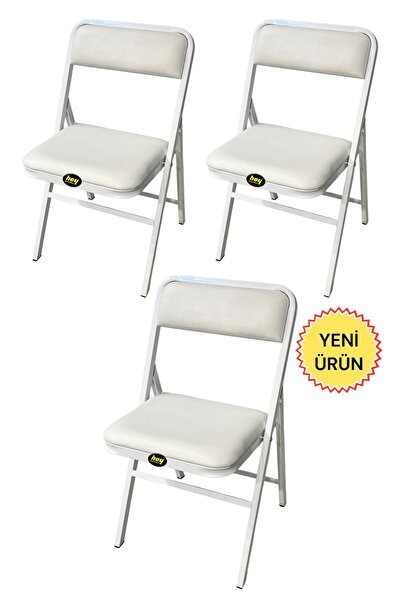 hey Katlanır Kamp Sandalyesi Piknik Sandalyesi Beyaz Deri 3'lü