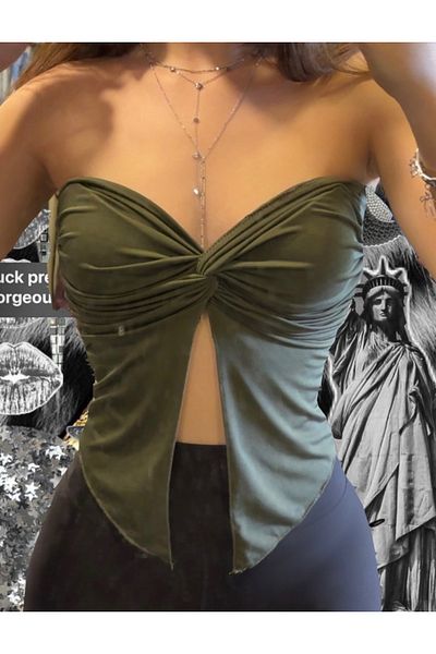 VibeGaia Gathered Front Strapless Butterfly Crop Khaki