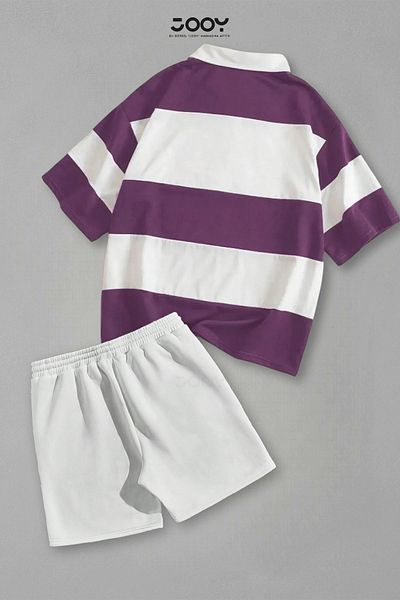 Jooy Set of 2 Striped Half Zipper T-Shirt White Shorts Set