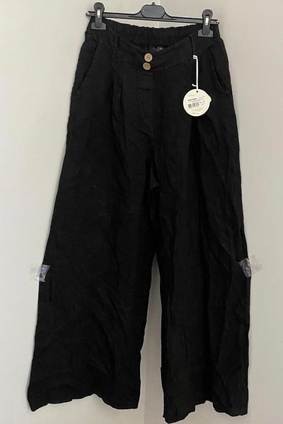 AYASOFYA OTANTIK Women's Italian Black Plain Pattern Button Detailed Elastic Waist Pocket Wide Leg Linen Trousers
