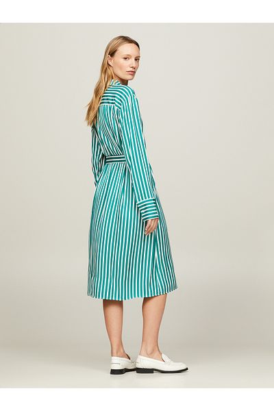 Tommy Hilfiger Women Green Stripe Twill Midi Shirt Dress
