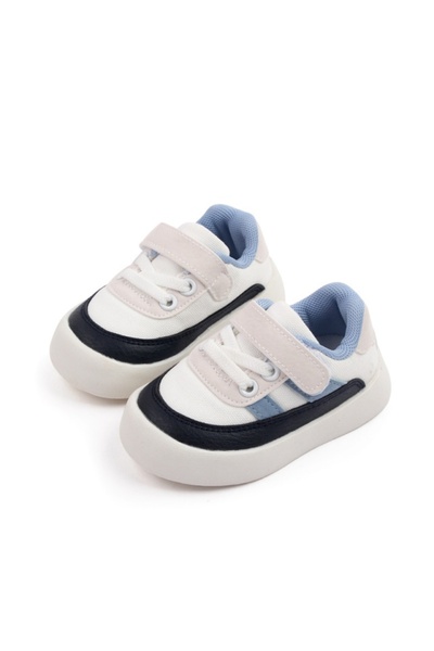 Superbaby Adidasi albi cu insertii bleu si bleumarine