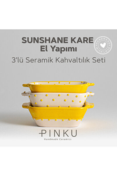 PINKU Ceramics Sunshine Kare El Yapımı Seramik 3'lü Kahvaltı Seti- (zeytin, P...
