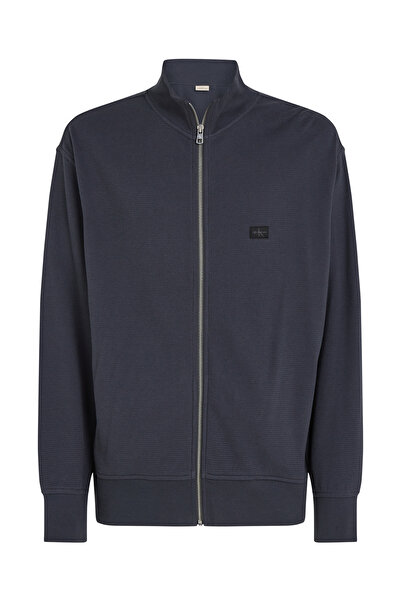 Calvin Klein Men Black Woven Label Waffle Zip Through Sweatshirt