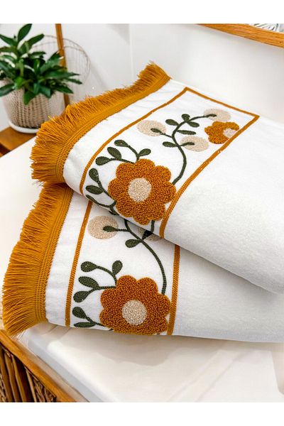 AYHANHOME Punch Embroidered Fringed 2 Pieces 50X90 Hand Face Towel Set