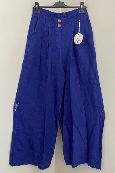 AYASOFYA OTANTIK Women's Italian Saks Blue Plain Pattern Button Detailed Elastic Waist Pocket Wide Leg Linen Trousers