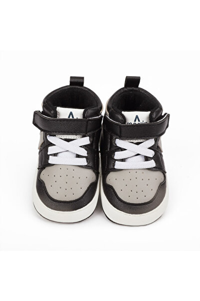 Superbaby Adidasi negri cu gri si alb, inalti pentru bebelusi