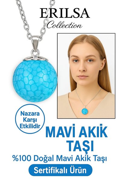 Tesbih Atölyesi Sertifikalı Yuvarlak Doğal Damarlı Mavi Akik Kolye – Koruyucu...