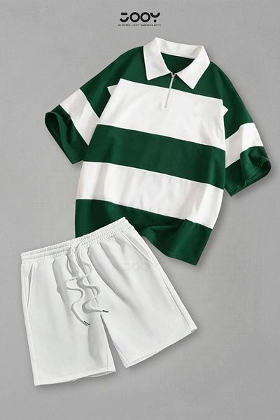 Jooy Set of 2 Striped Half Zipper T-Shirt White Shorts Set