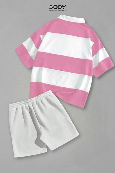 Jooy Set of 2 Striped Half Zipper T-Shirt White Shorts Set