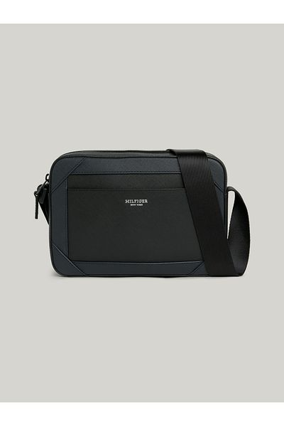 Tommy Hilfiger Men Black Logo Small Leather Saffiano Camera Bag