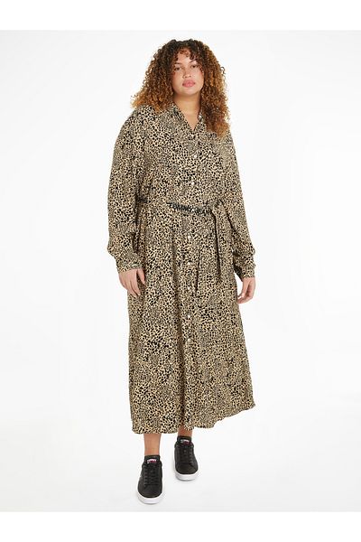 Tommy Hilfiger Women Brown Curve Leopard Print Long Sleeve Midi Dress
