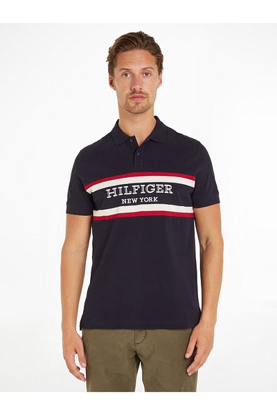 Tommy Hilfiger Tommy Hilfiger Mens Blue Monotype Color Block Short Sleeve Polo T-Shirt