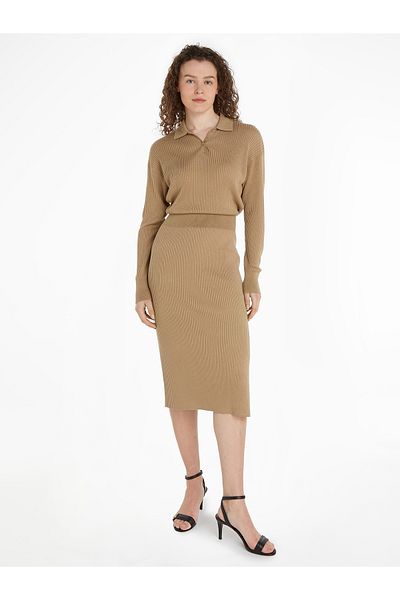 Tommy Hilfiger Tommy Hilfiger Women Beige Rib-Knit Polo Neck Sweater Dress