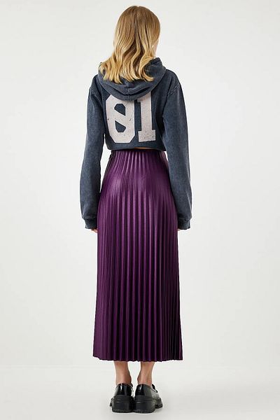 stilsepeti Women's Purple Waist Hidden Elastic Pleated Long Skirt St- 100078641