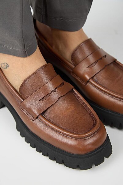 Manijero Cepmen Women's Leather Cornered Genuine Leather Loafer Tan Shoes