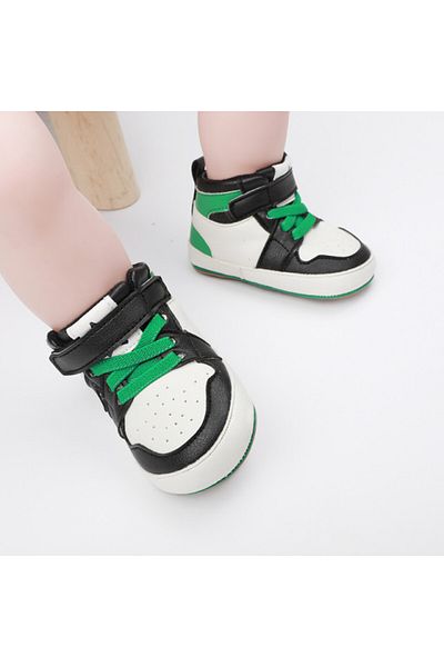 Superbaby Adidasi albi cu negru si verde, inalti pentru bebelusi