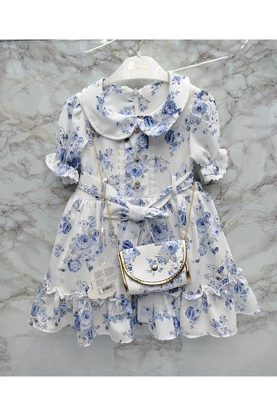 XORVİO Girl's Blue Flower Pattern Belted Buttoned Dress Short Sleeve Enese Zipper Doll Collar Chiffon Dress