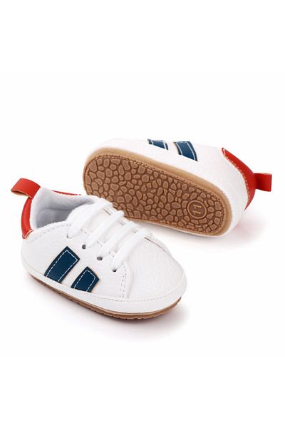 Superbaby Adidasi albi cu dungi bleumarine si insertie portocalie