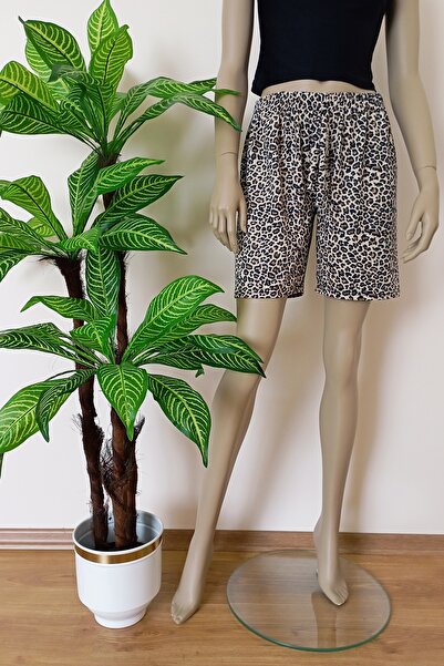 VİP BERA TEKSTİL Kadın Leopar Desenli Esnek Yapılı Rahat Kesim Milan Kumaş Şort