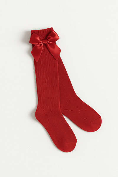 nacar çarşı Kız Çocuk Fiyonklu Kurdeleli Kırmızı Diz Altı Çorap