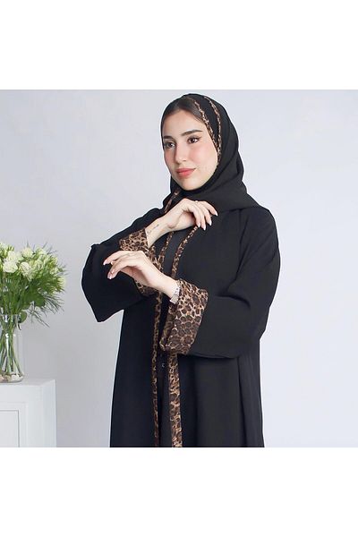 HAWRAA Abaya Black Wrap Abaya with Tiger Fabric Details on Sides and Double Sleeves
