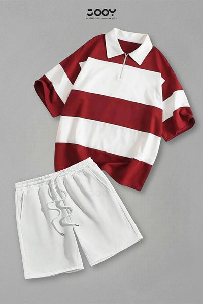 Jooy Set of 2 Striped Half Zipper T-Shirt White Shorts Set