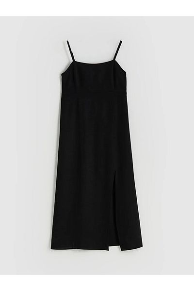 LC Waikiki XSIDE Rochie neagră cu guler pătrat din amestec de in