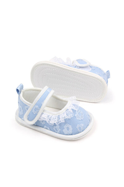 Superbaby Pantofiori bleu cu floricele brodate