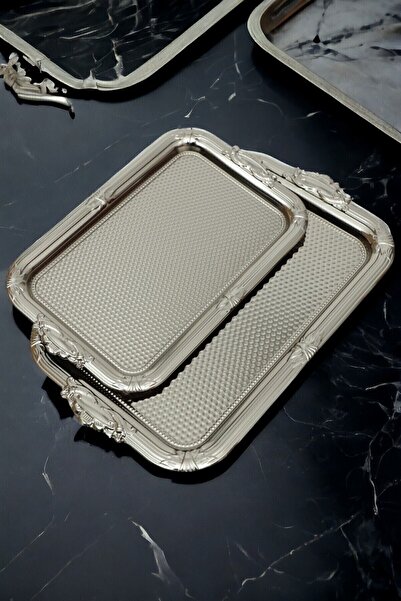 İronika 2'li Kararmaz Dekoratif Dikdörtgen Gümüş Kahve Çay Tepsisi Sunum Tepsisi