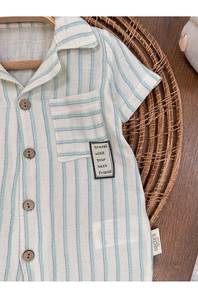 tiwitibaby Linen Front Buttoned Striped Summer Baby Boy Jumpsuit with Snaps at the Bottom