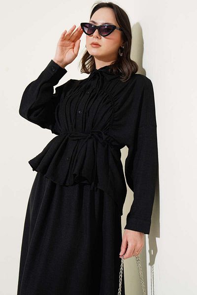VOLT CLOTHİNG Kadın Önü Büzgülü Etekli Bluz İkili Takım