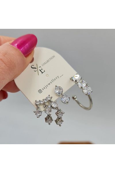 SE Jewellery Collection Selin Ersoy Silver Color Xuping Triple Zircon Stone Detailed Stylish Women's Earring Set