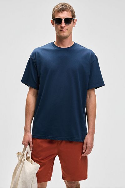GRIMELANGE Feon Men's Oversize Wide Cut 100% Organic Cotton Thick Textured Round Neck Navy Blue T-Shirt