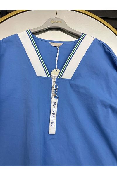 ARAS V-Neck Zippered Waist Gathered Blouse-44 - Light Blue