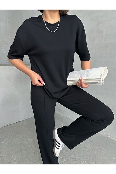 Lusin Women's Black Soft Modal Fabric Short Sleeve Pants Blouse Tracksuit Set