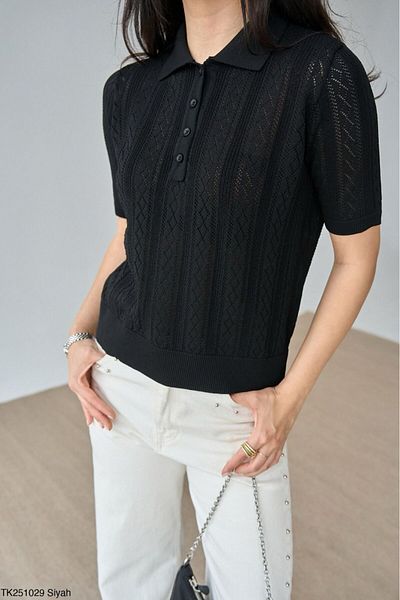 Litesa Women's Polo Neck Openwork Short Sleeve Viscose Knitwear Sweater