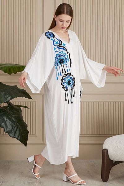 AYASOFYA OTANTIK Women's White Ethnic Authentic Embroidery Detailed Pocket Oversize Loose Shirt Dress