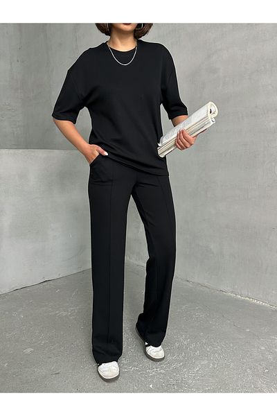 Lusin Women's Black Soft Modal Fabric Short Sleeve Pants Blouse Tracksuit Set