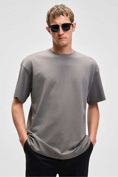 GRIMELANGE Feon Men's Oversize Wide Cut 100% Organic Cotton Thick Textured Round Neck Light Gray T-Shirt