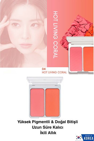 2aN Highly Pigmented & Natural Finish Long Lasting Dual Powder Blush 04 Hot Living Coral