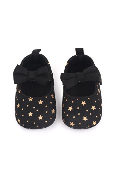Bebelul Black baby shoes with gold stars and elegant bow