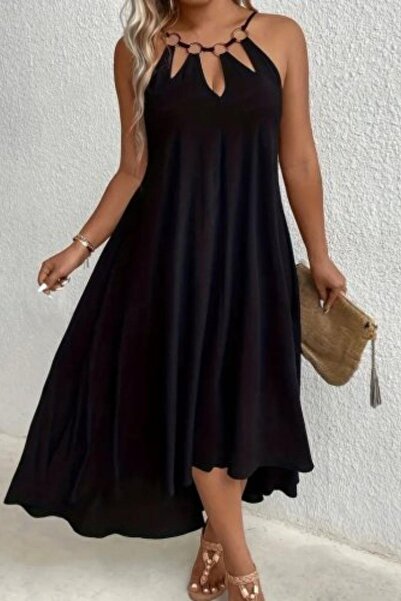 Mossta Ring Collar Detailed Asymmetrical Viscose Dress Black