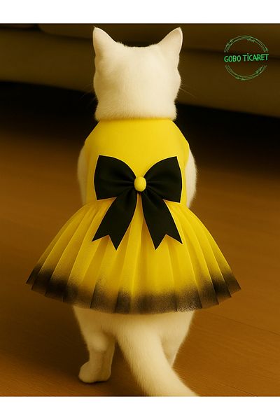 Gobo Yellow Tulle Cat Dog Outfit Dress with Black Bow Tie Xsmall/Xs/Size 0