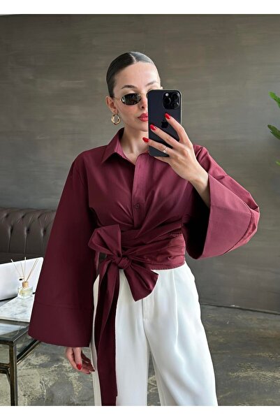 Lusin Women's Burgundy Lacing Detailed 100% Cotton Shirt