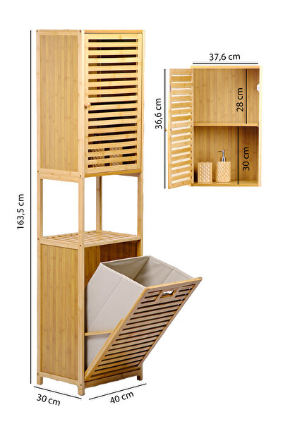 Digithome Bambu Kirli Sepetli 1 Raflı Kapaklı Banyo Dolabı Banyo Düzenleyici Çamaşır Sepeti Organizer DB-0010